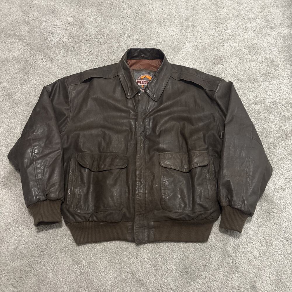 Vintage MIDWAY Leather Bomber Jacket Men XL Brown Flight Aviator